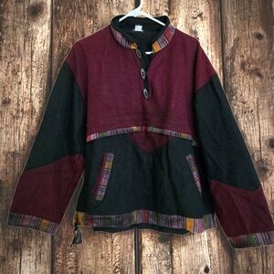 Nepalese Wool Pullover Jacket Cotton Lined Burgundy Tribal Cozy Winter Forest /M